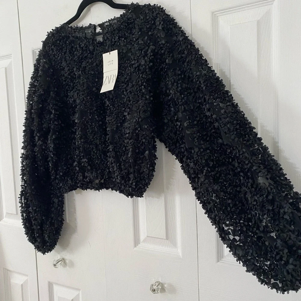 Zara Black Textured Sheer Long-Sleeve Top